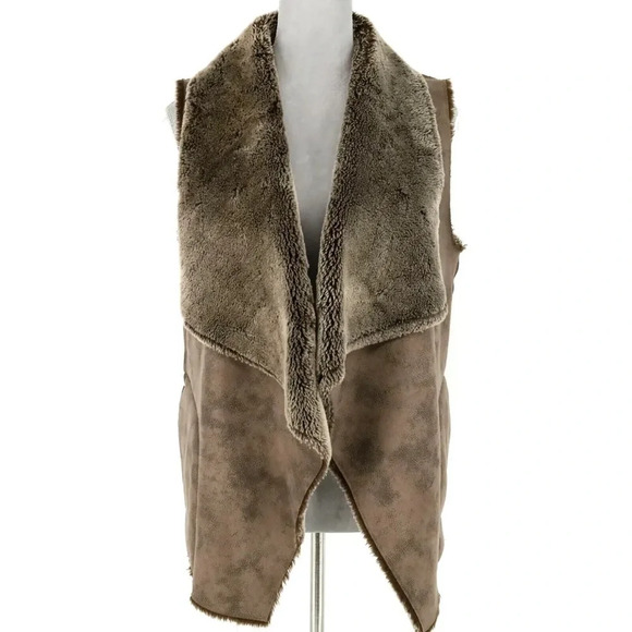 Velvet Taupe Faux Leather Vest Womens Open Front Pockets Faux Fur - Picture 1 of 9